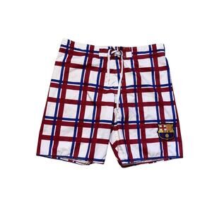 FC Barcelona Board Shorts Mens 36 Plaid Swim Trunks Icon Sports Group Vintage